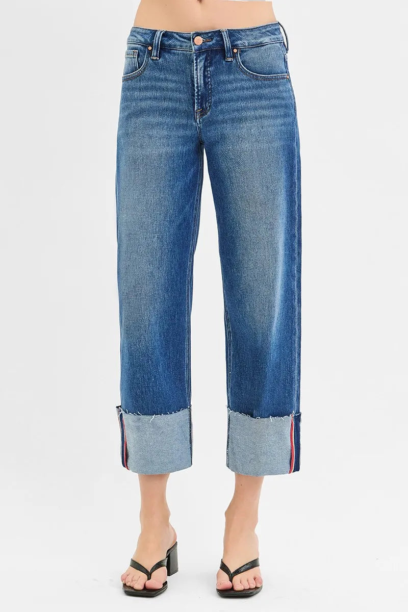 RISEN Cropped Jeans,Wide Leg Cuffed Tummy Control Mid Rise  - In Style Chics Boutique Women's Juniors Plus Size Clothes 