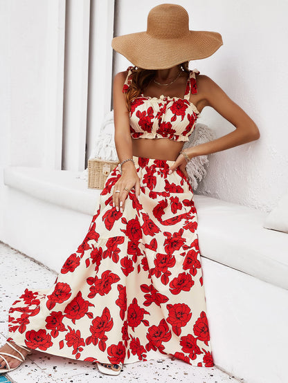 Floral Tie Shoulder Top and Tiered Maxi Skirt Set - In Style Chics Boutique LLC