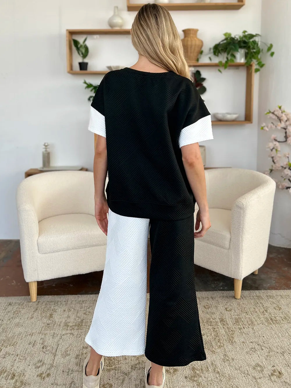 Textured Contrast T-Shirt and Wide Leg Pants Set - In Style Chics Boutique Women's Clothes 
