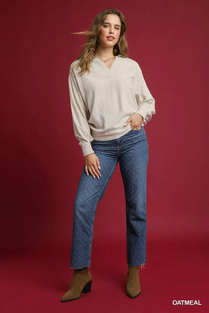 Linen Blouse, Long Sleeves Elastic Hem at In Style Chics Boutique 