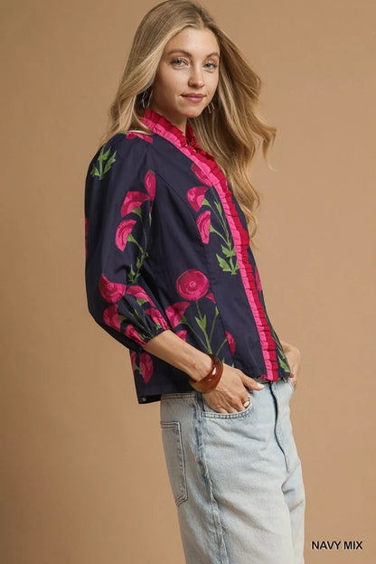 Floral Print Blouse, Ruffle Trim Puff Sleeve at In Style Chics Boutique 