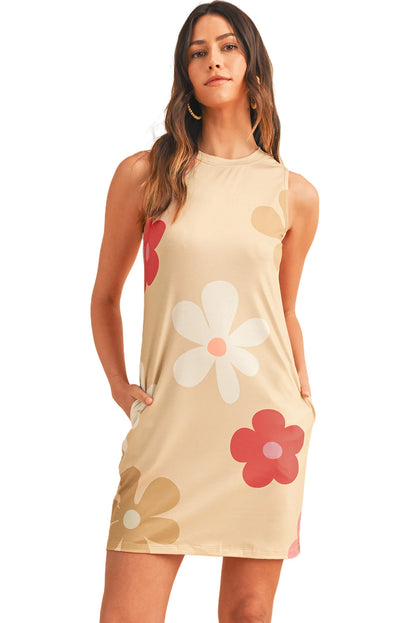 Apricot Flower Print Crew Neck Sleeveless Mini Dress