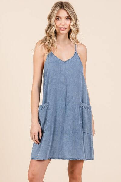 Washed Patch Pocket Mini Cami Denim Dress - In Style Chics Boutique 