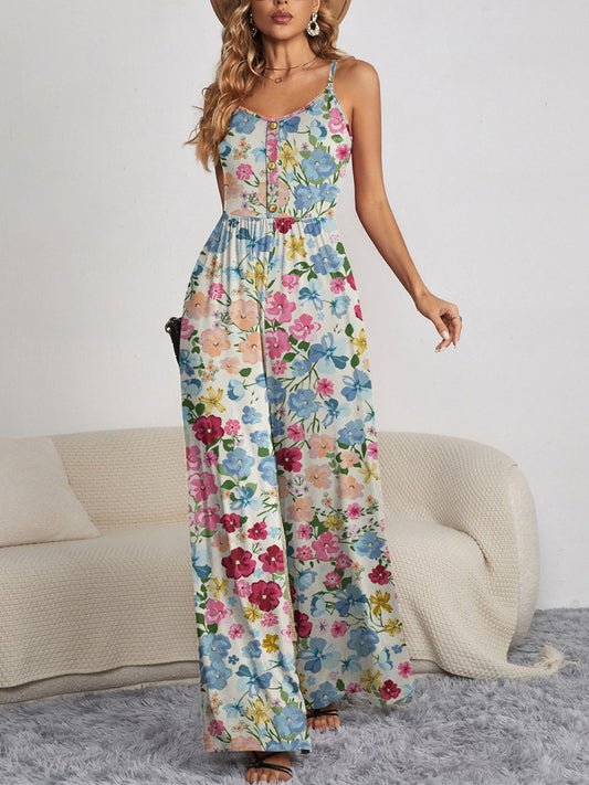 Decorative Button Spaghetti Strap Wide Leg Jumpsuit - More Prints! - In Style Chics Boutique LLC