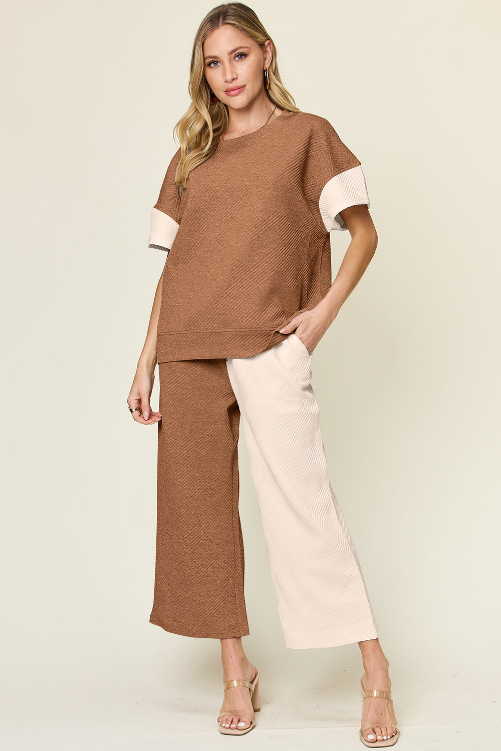 Double Take Full Size Texture Contrast T-Shirt and Wide Leg Pants Set - More Colors! - In Style Chics Boutique LLC