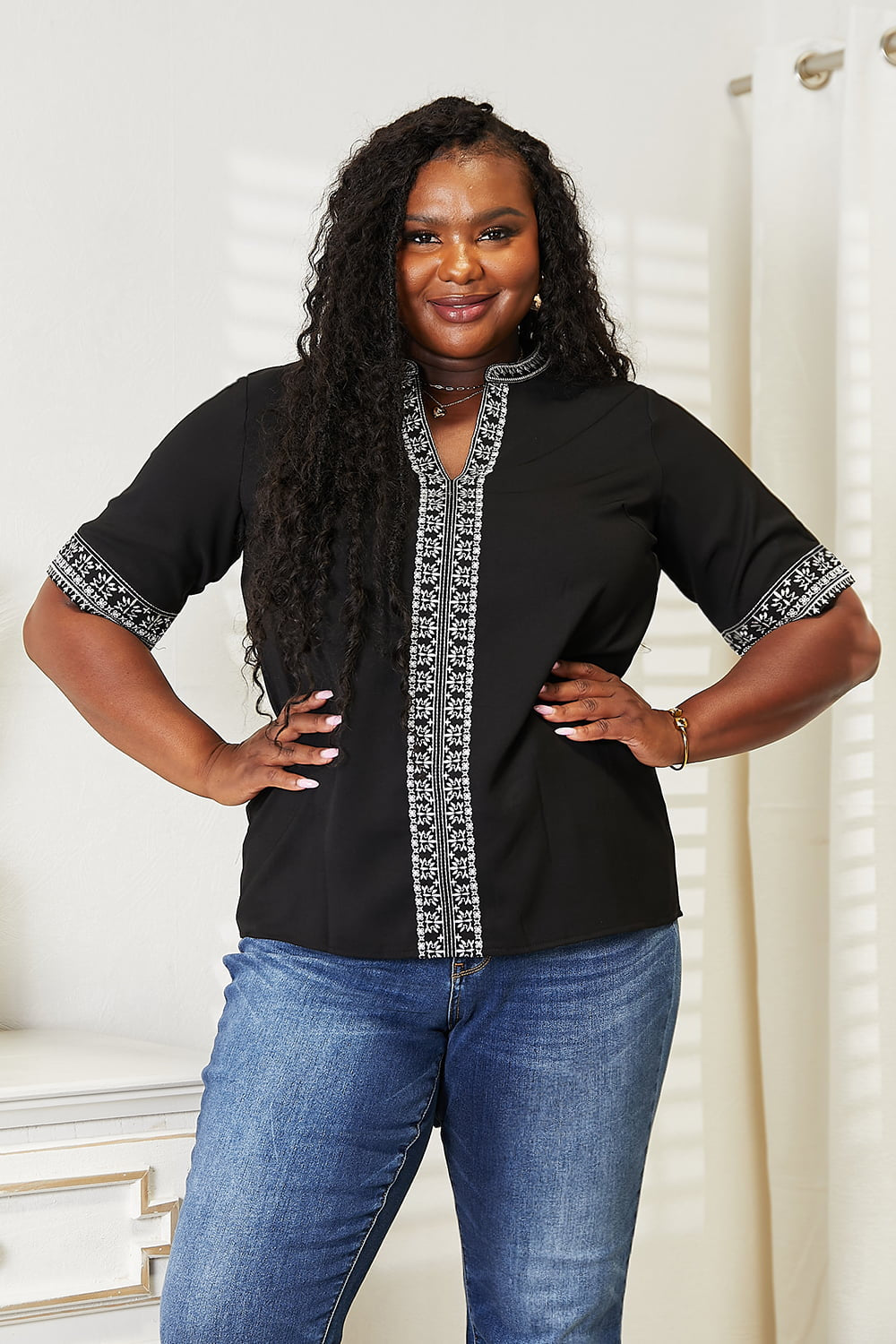 Embroidered Notched Neck Top - In Style Chics Boutique 