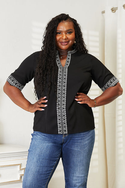 Embroidered Notched Neck Top - In Style Chics Boutique 