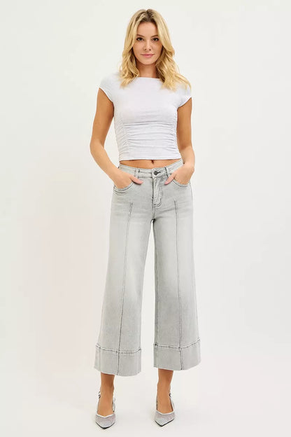 RISEN Tummy Control Mid Rise Crop Wide Pintuck Front Jeans