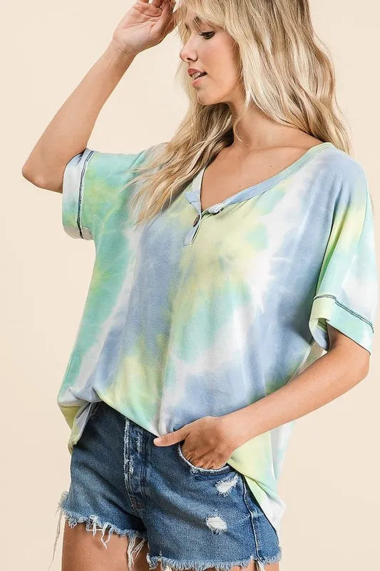 Tie Dye French Terry Top With Buttoned Placket - In Style Chics Boutique 
