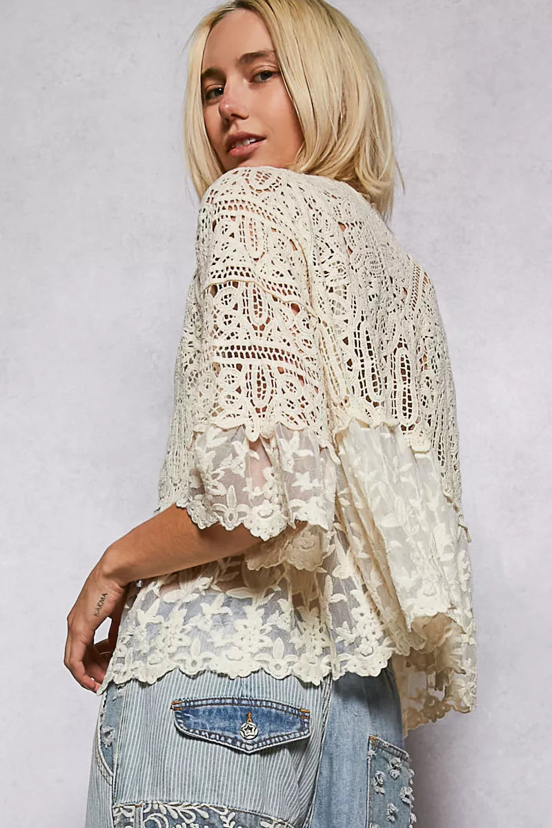 Crochet Lace Short Sleeve Cardigan with Tassel Tie in Natural – Lightweight, Elegant Layering Piece