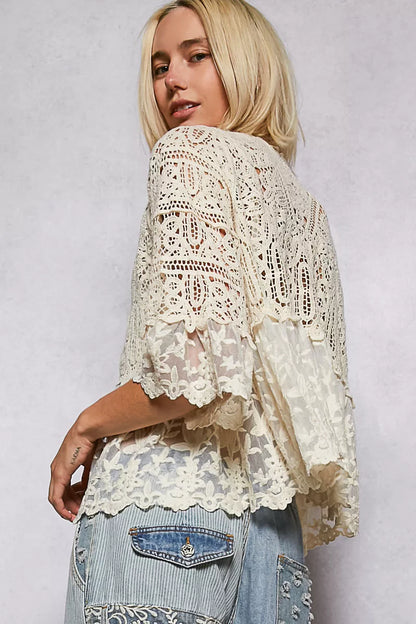 Crochet Lace Short Sleeve Cardigan with Tassel Tie in Natural – Lightweight, Elegant Layering Piece