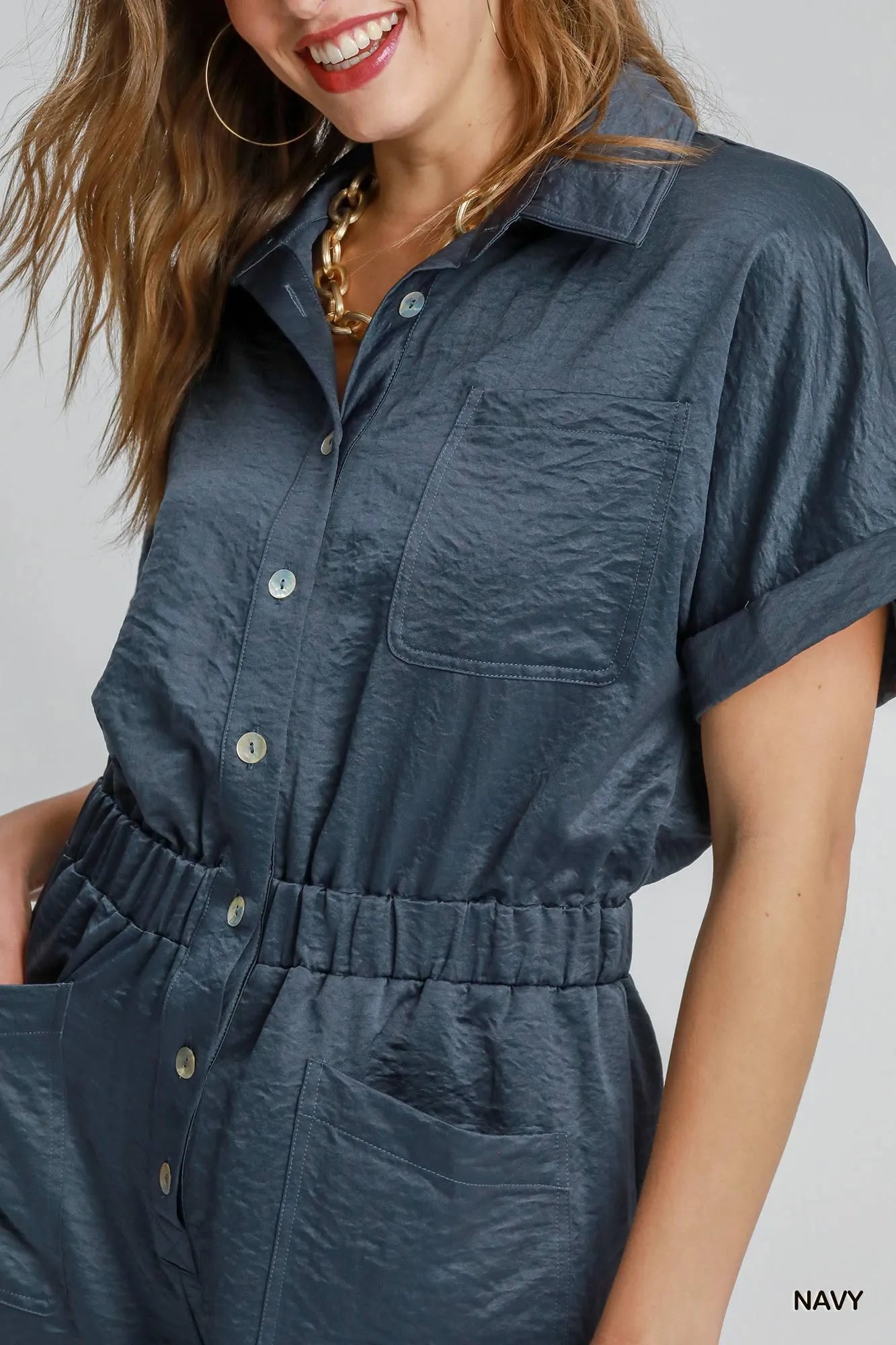 Button Down Charmeuse Romper at In Style Chics Boutique 
