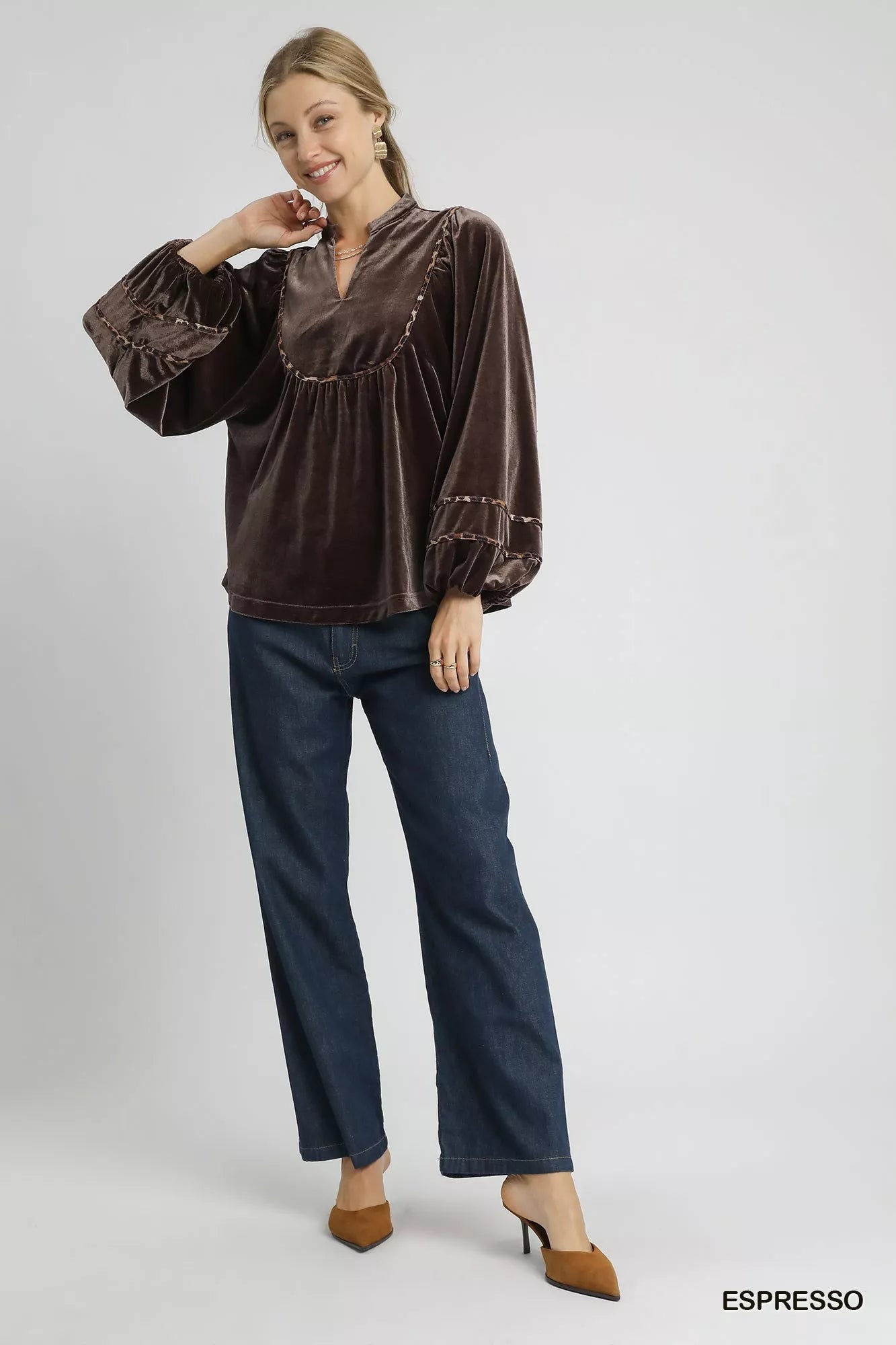 Velvet Long Sleeve Blouse with Contrast Trim at In Style Chics Boutique 