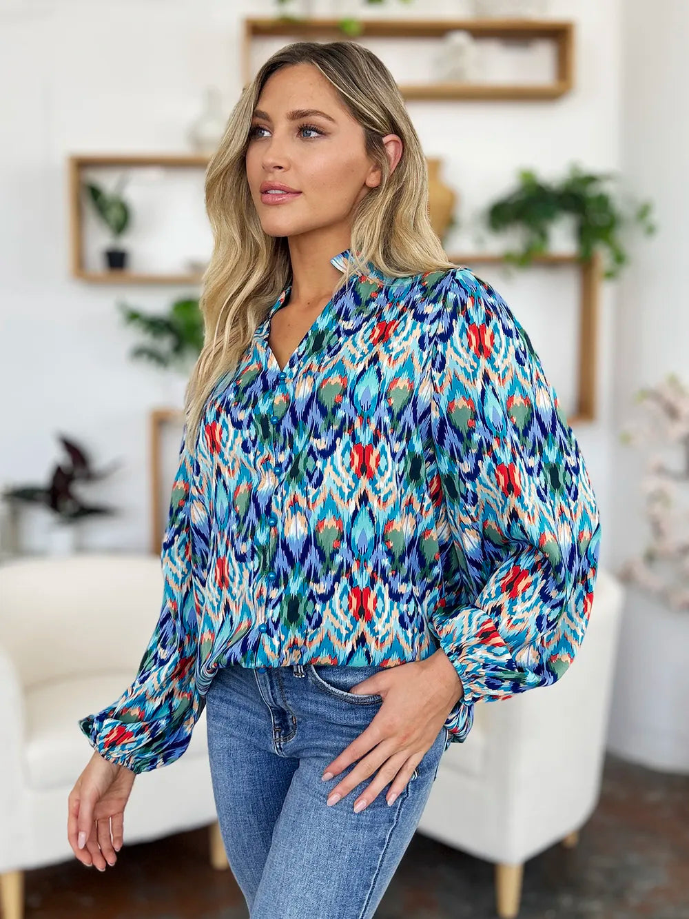 Printed Balloon Sleeve Blouse 💙 Shop Deals at In Style Chics Boutique 