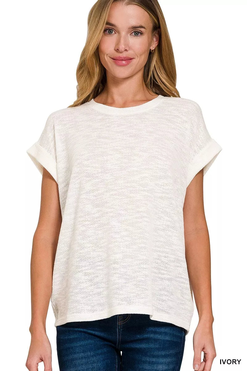 Zenana Hacci Slub Rolled Up Sleeve Tee
