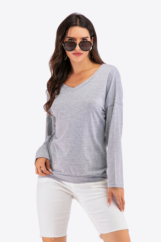 V-Neck Drop Shoulder Open Back Sweatshirt for Women - In Style Chics Boutique LLC