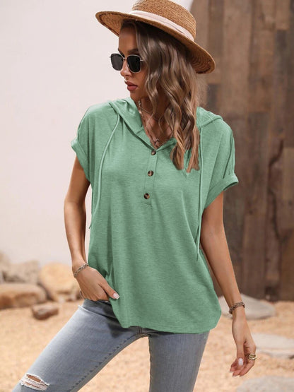 Half Button Hooded Short Sleeve Blouse - More Colors! - In Style Chics Boutique LLC