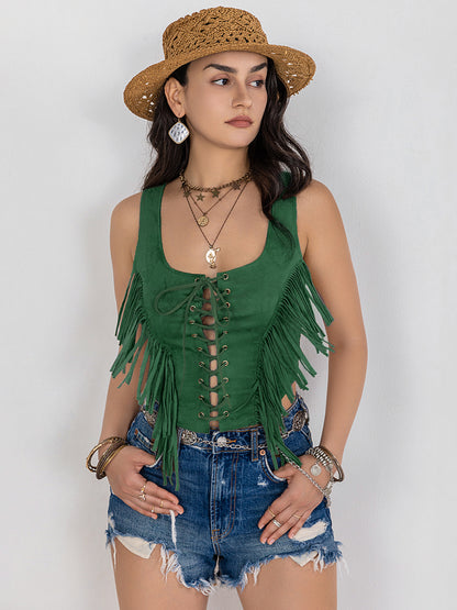 Fringe Lace-Up Wide Strap Tank - In Style Chics Boutique LLC