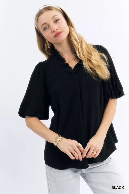 Linen Scallop Trim V-Neck Blouse at In Style Chics Boutique 