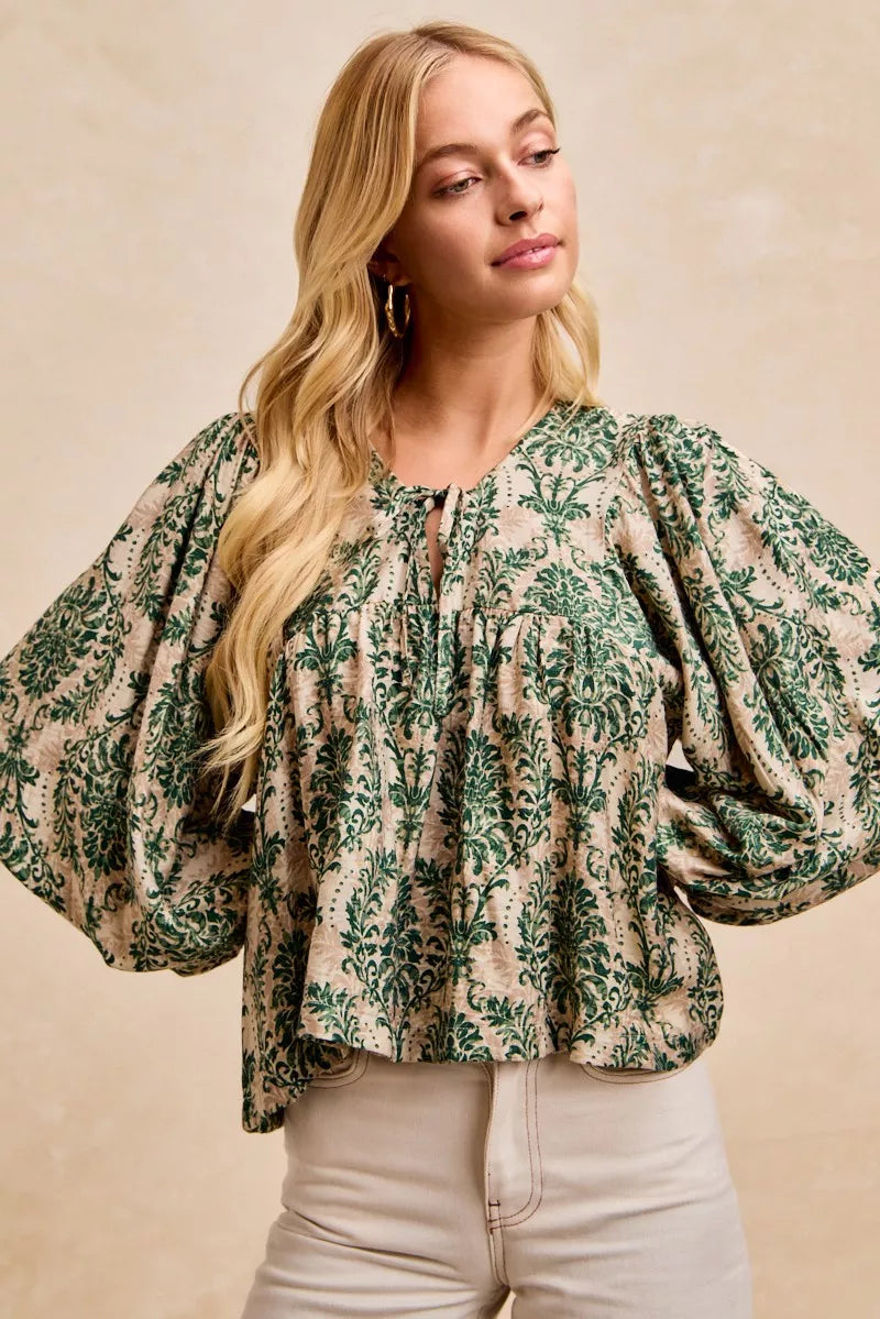 Printed Woven Front Tied Blouse with Balloon Sleeve at In Style Chics Boutique 