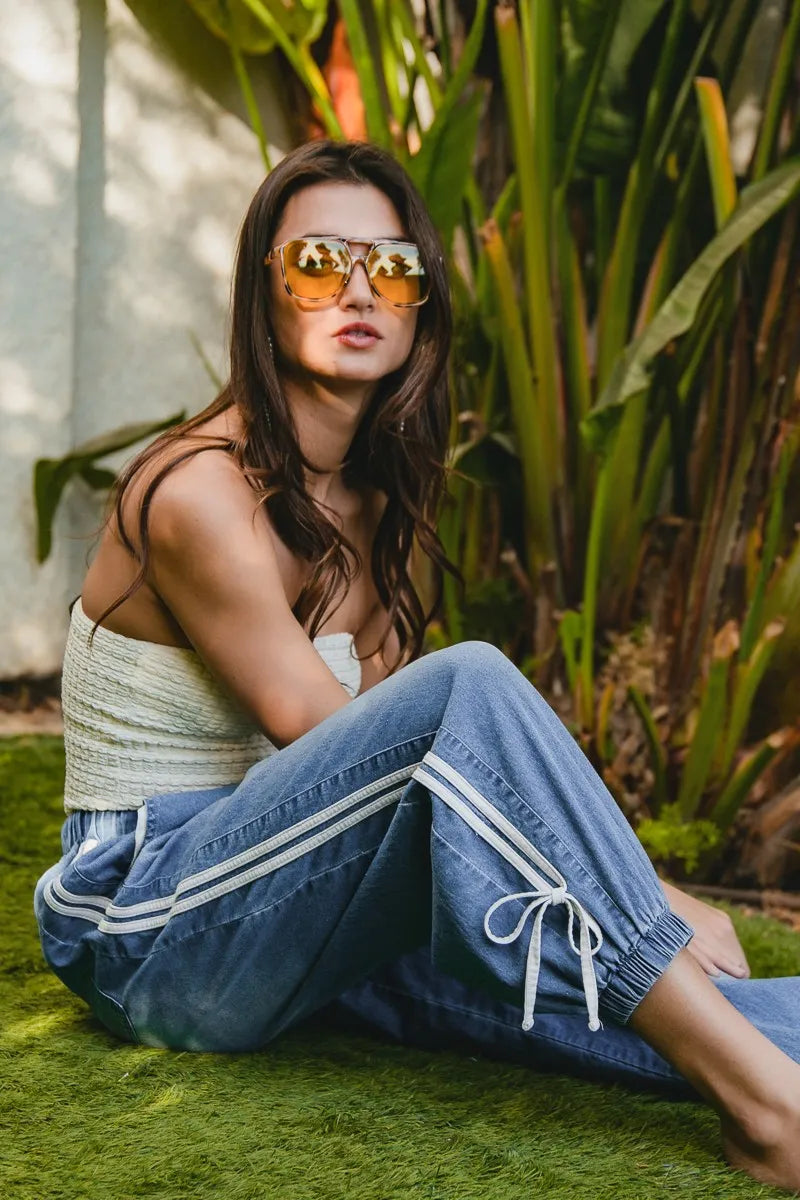 Striped Tape Details With Bot Tied Point Elastic Waist Jeans at In Style Chics Boutique 