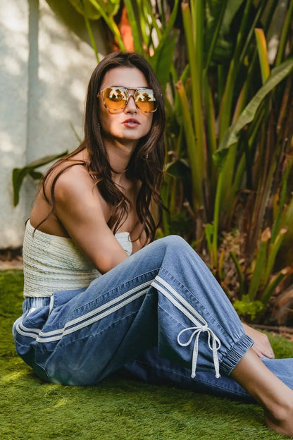 Striped Tape Details With Bot Tied Point Elastic Waist Jeans at In Style Chics Boutique 