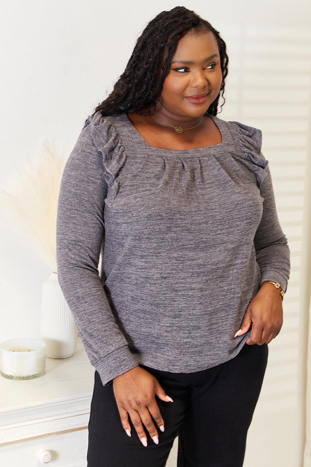 Square Neck Ruffle Shoulder Long Sleeve T-Shirt Shop Deals at In Style Chics Boutique 