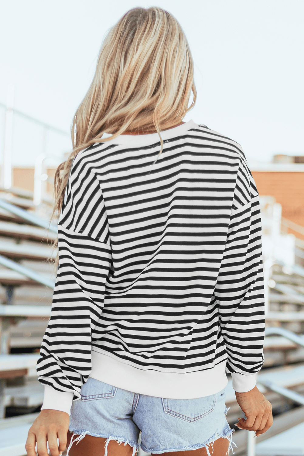 White Stripe Buttoned Crew Neck Oversized Sweatshirt - In Style Chics Boutique 