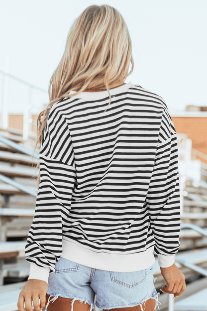 White Stripe Buttoned Crew Neck Oversized Sweatshirt - In Style Chics Boutique 