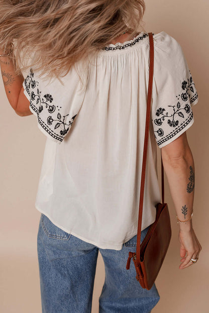 White Floral Embroidered Short Sleeve V Neck Blouse - Cute Clothes Online - In Style Chics Boutique Women's Juniors Apparel 