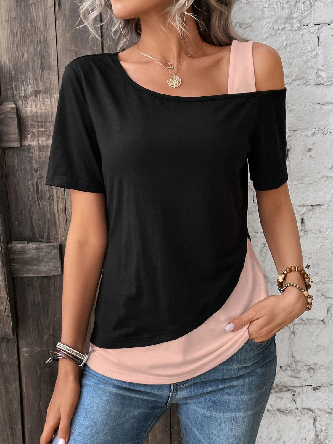 Contrast Asymmetrical Neck Short Sleeve T-Shirt - In Style Chics Boutique LLC