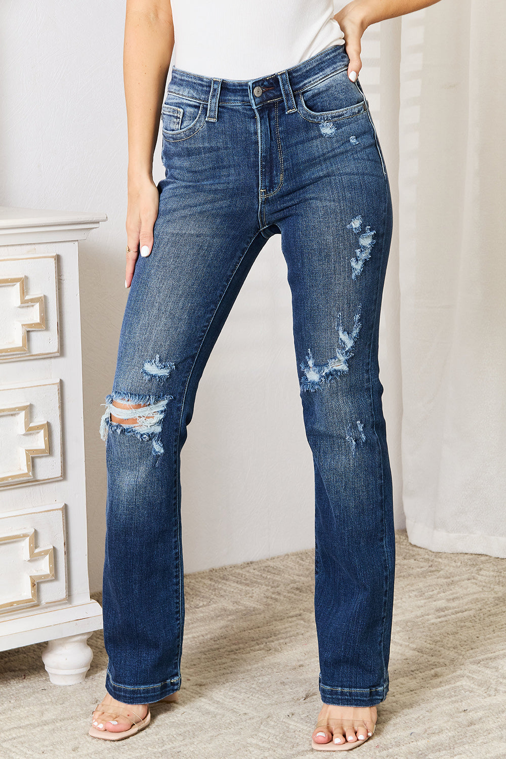 Judy Blue Full Size Mid Rise Hand Sand & Destroy Bootcut Jeans - In Style Chics Boutique LLC