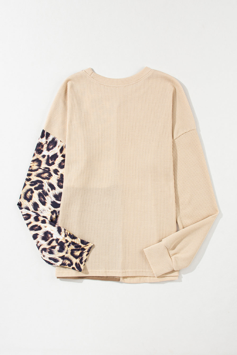 Pale Khaki Casual Waffle Knit Leopard Contrast Long Sleeve Top - In Style Chics Boutique LLC