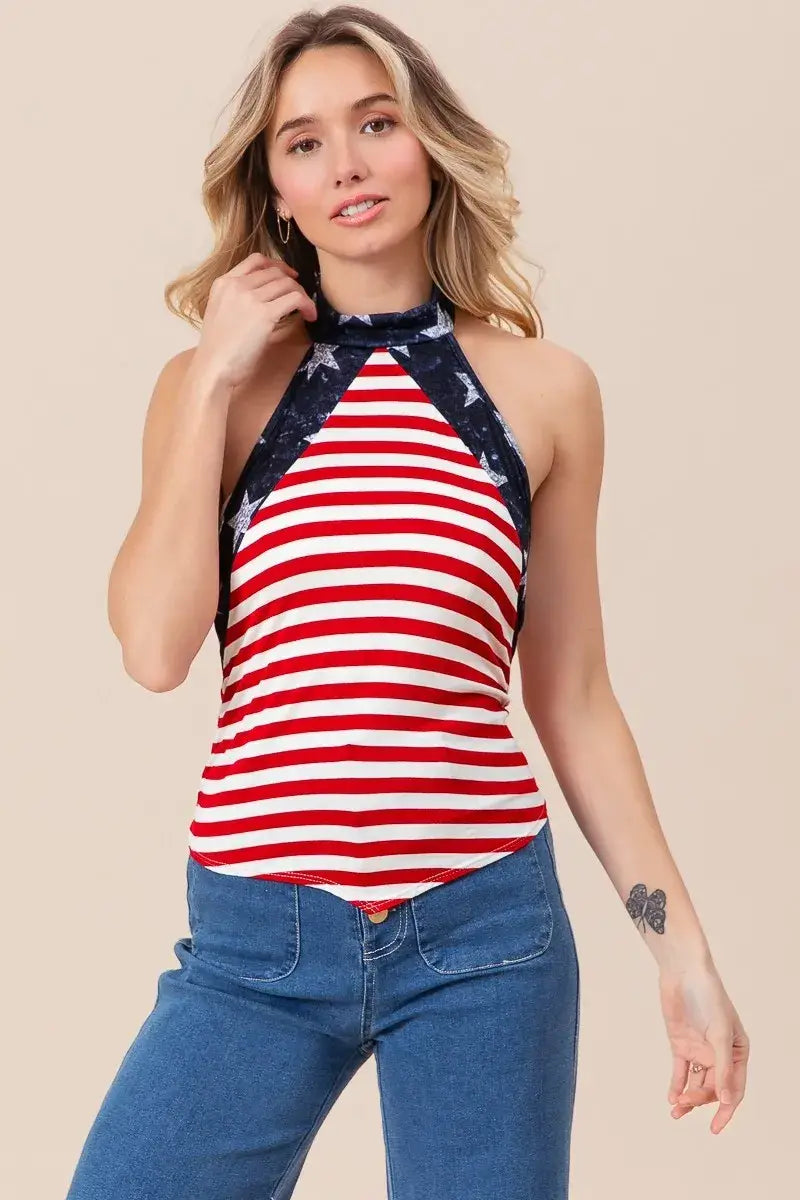 Stripe Jersey with Star Halter Neck with Tie Back - Memorial Day - Fourth of July - In Style Chics Boutique Women's Juniors Apparel Online 