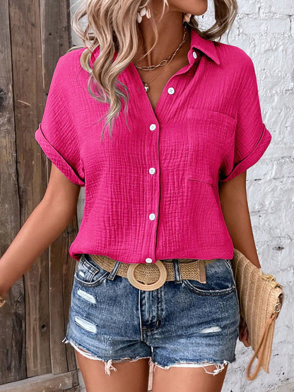 Textured Button Short Sleeve Shirt More Colors! - In Style Chics Boutique LLC