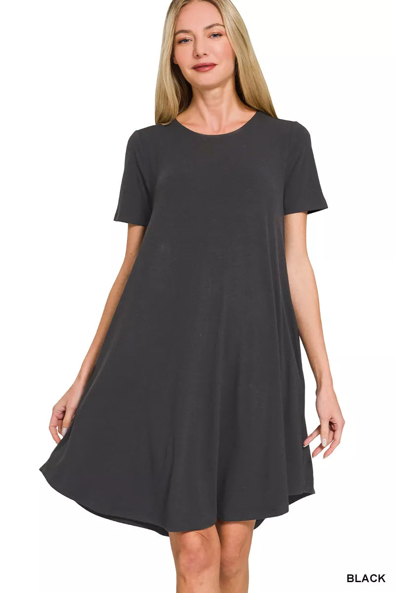 Zenana Short Sleeve Round Hem A-line Black Dress w/ Pockets 🖤