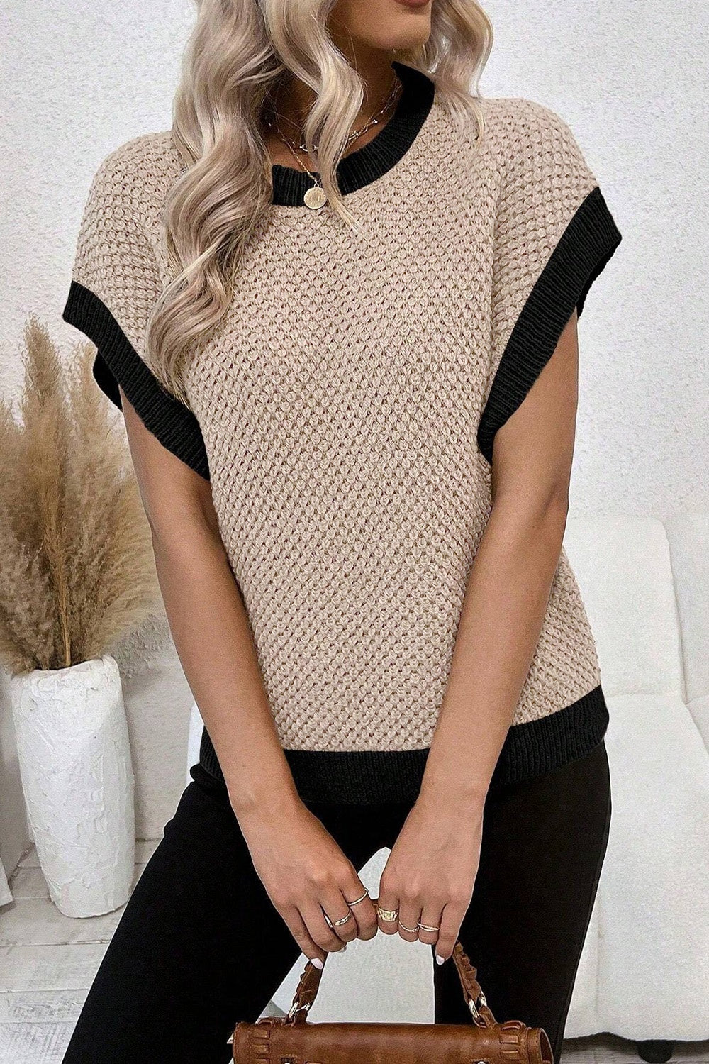 Contrast Round Neck Cap Sleeve Knit Top - In Style Chics Boutique LLC