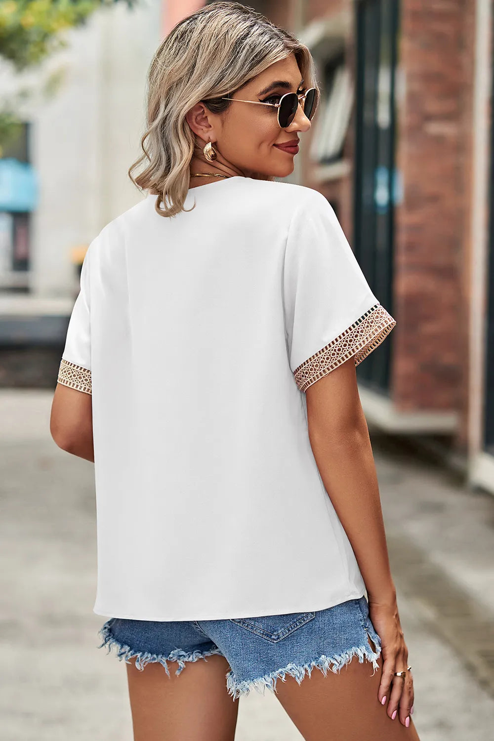 Openwork V-Neck Short Sleeve T-Shirt - In Style Chics Boutique 