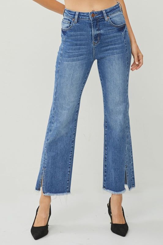 RISEN High Waist Raw Hem Slit Straight Jeans - In Style Chics Boutique LLC