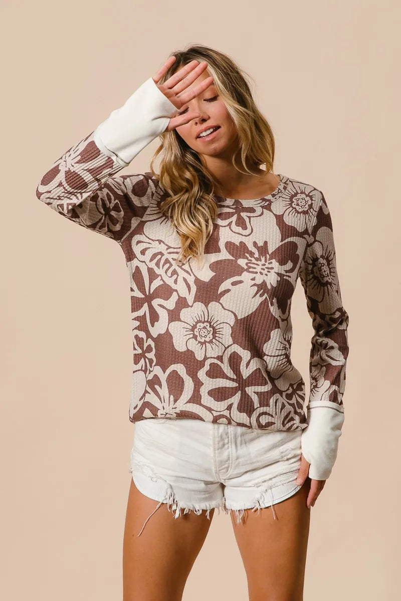 Flower Printed Waffle Thumb Opening Top at In Style Chics Boutique 