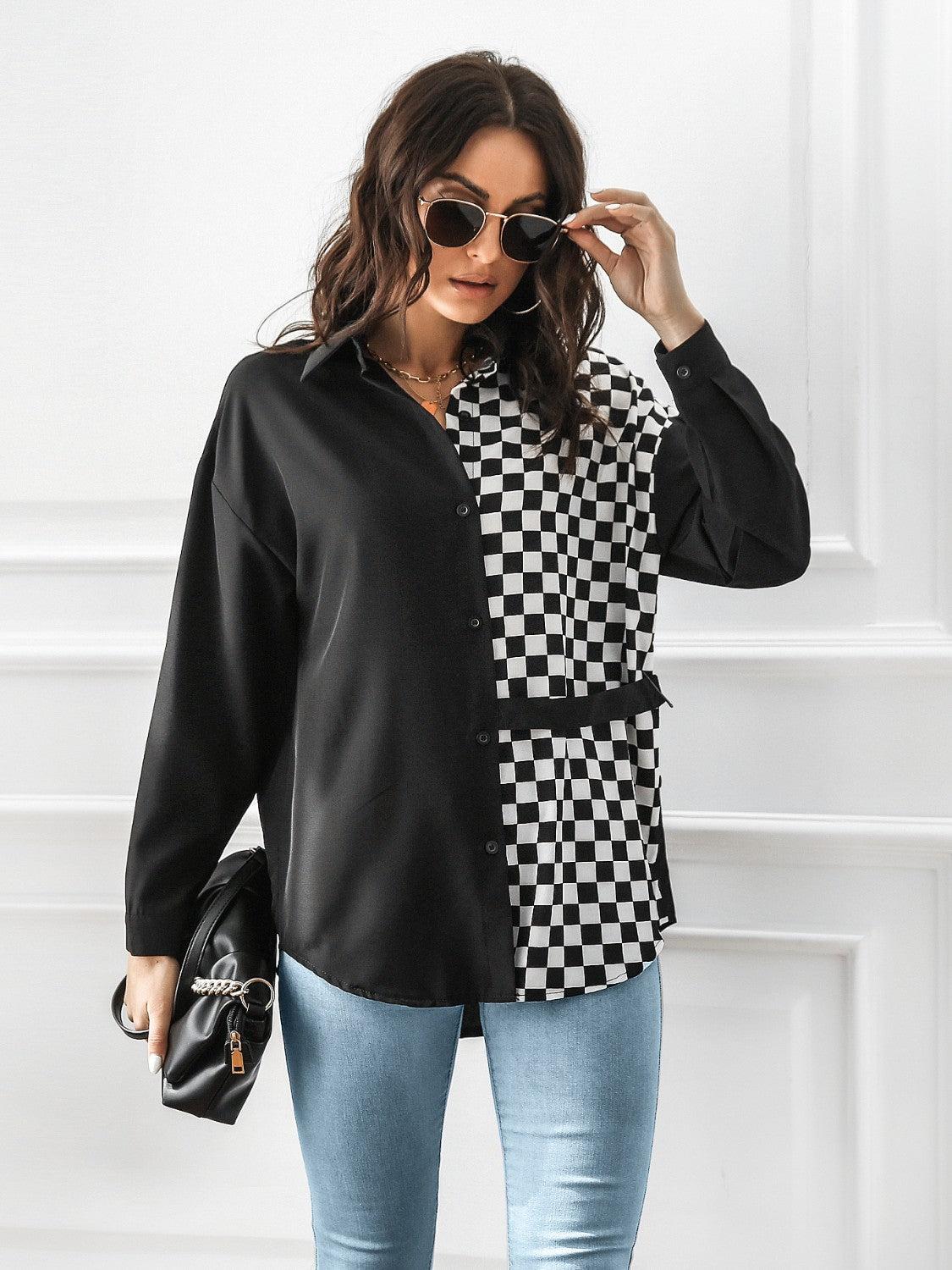 Contrast Button Up Long Sleeve Shirt - In Style Chics Boutique LLC