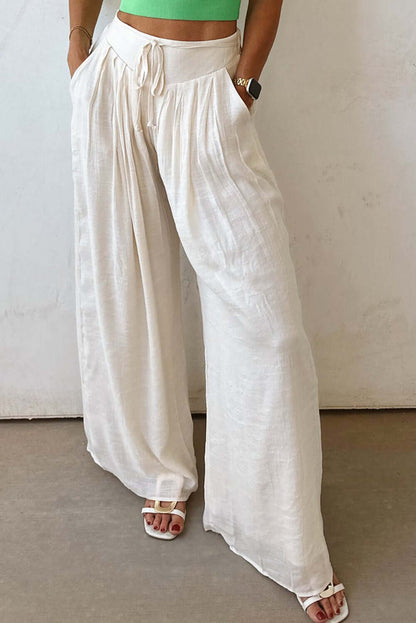 Women's Juniors White Casual Tie Waist Pleated Wide Leg Pants - Cute Clothes for Spring - In Style Chics Boutique Online Apparel 