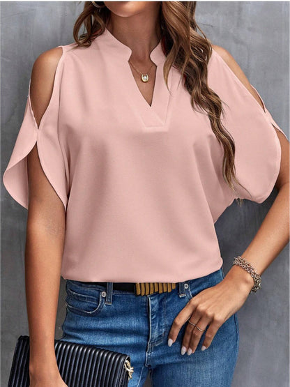 Notched Cold Shoulder Half Sleeve Blouse - In Style Chics Boutique LLC