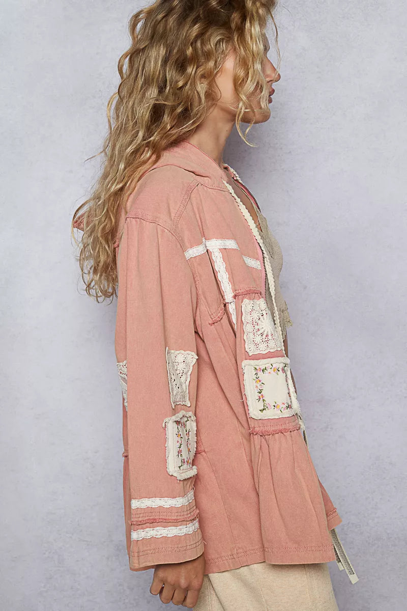 POL Embroidered Patch Hooded Jacket with Lace Detail