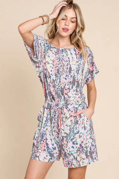 Printed Short Sleeve Drawstring Romper - In Style Chics Boutique Online Fashion