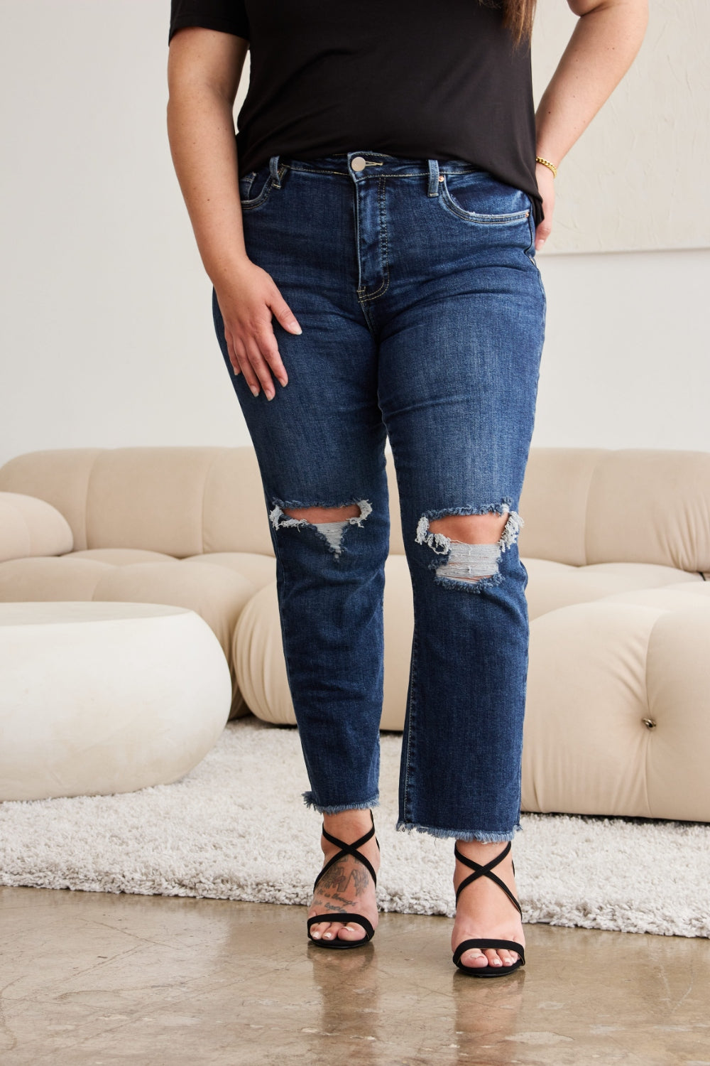 RFM Crop Dylan Full Size Tummy Control Distressed High Waist Raw Hem Jeans - In Style Chics Boutique LLC