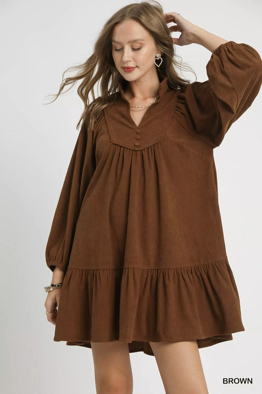 Corduroy Tiered Babydoll Dress in Brown at In Style Chics Boutique 🤎