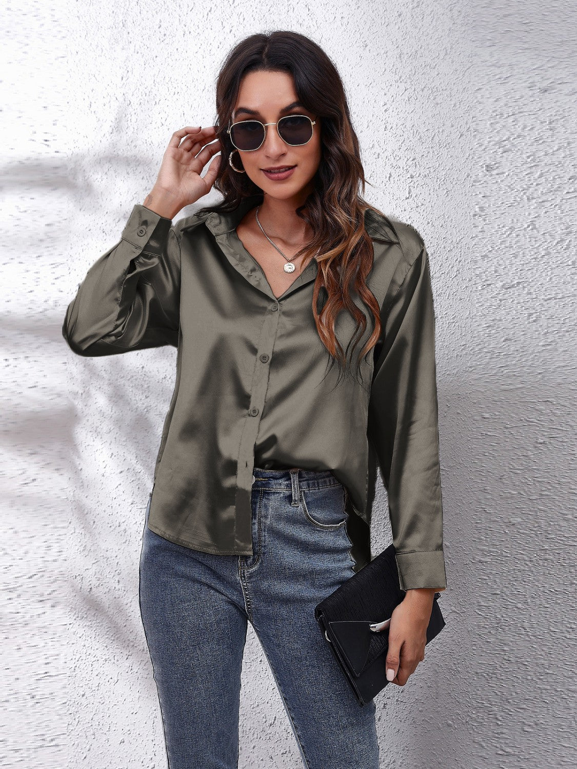 Button Up Collared Neck Long Sleeve Shirt - In Style Chics Boutique LLC