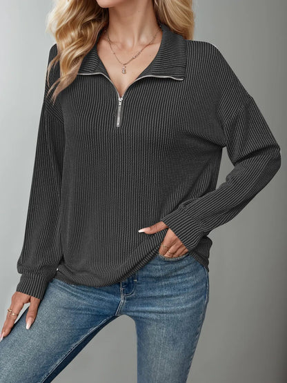 Striped Half Zip Long Sleeve T-Shirt at In Style Chics Boutique 