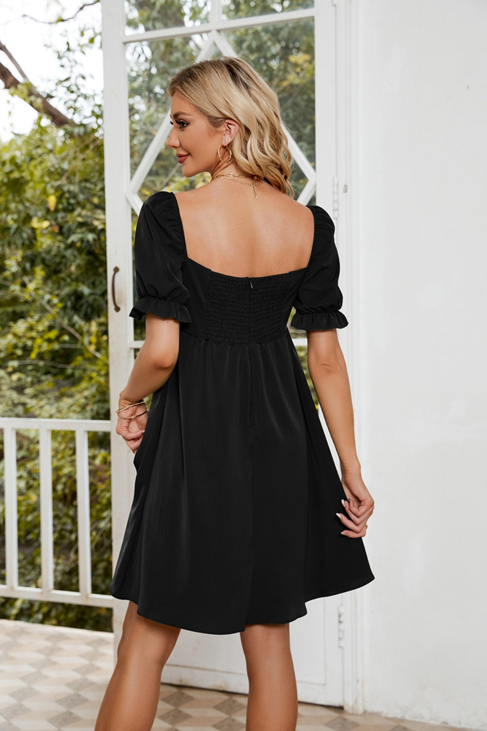 Ruched Square Neck Flounce Sleeve Mini Dress - In Style Chics Boutique LLC